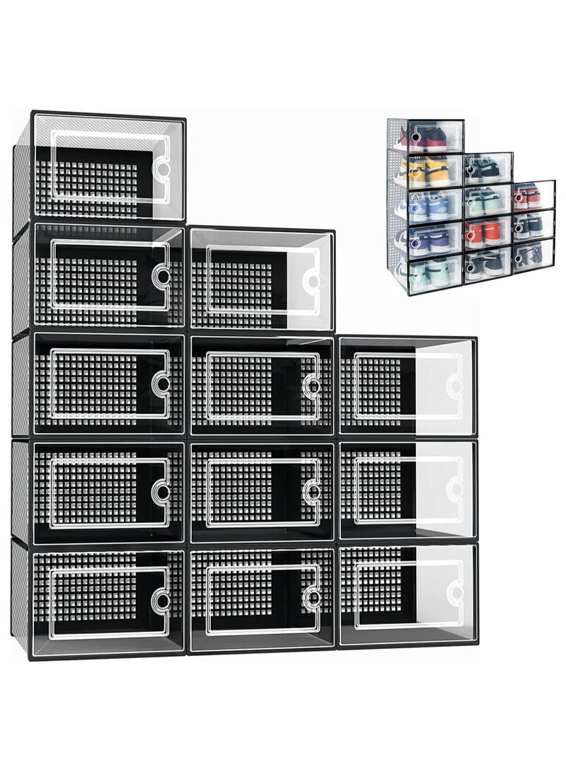 AUTOYSUR Large Shoe Organizer Storage Boxes for Closet, Fit Size 11, Clear Plastic Stackable Sneaker Containers Bins with Lids, Great Substitute for Shoe Rack, Space Saving for Entryway, Black, 12 Pack  - Image 1