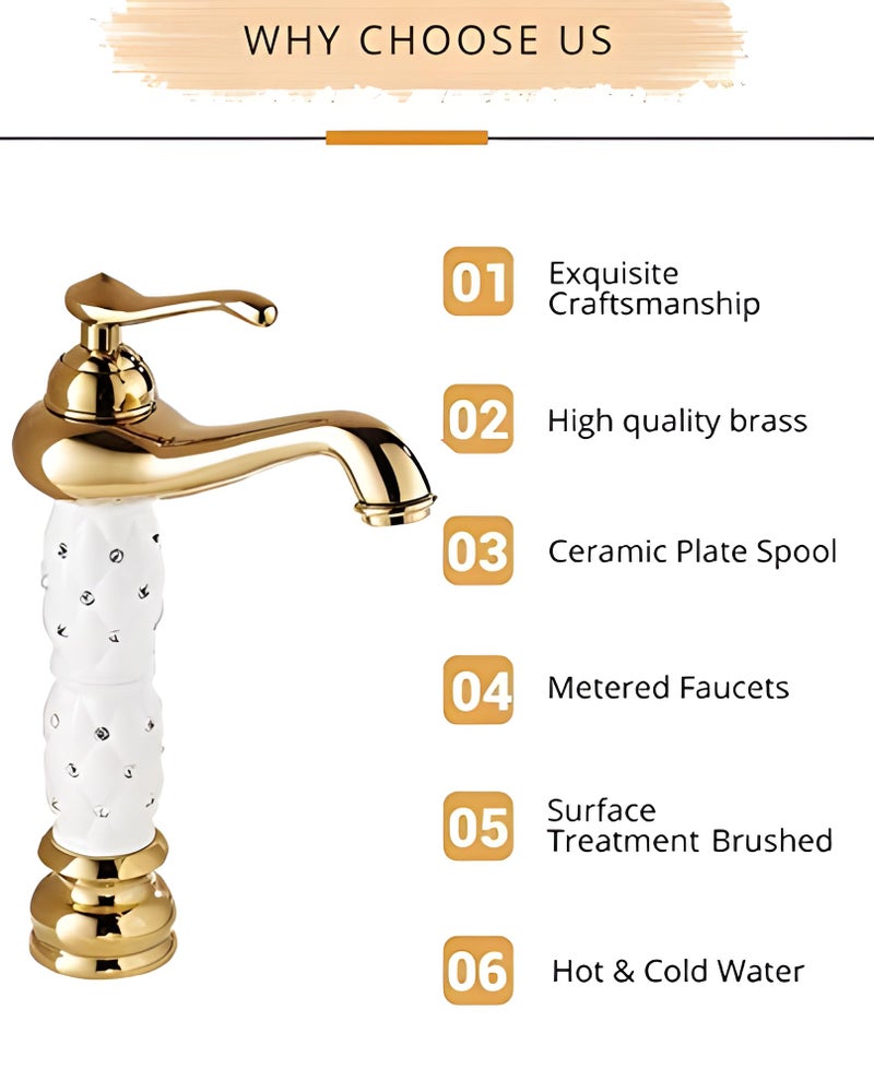 24x7 eMall White Gold Basin Tap Faucet Mixer Hot and Cold ~ 28 Cms Height Table Mounted with 2 Braided Connection Pipes 450mm (Without pop-up) (White Diamond) Brass Material - Image 3