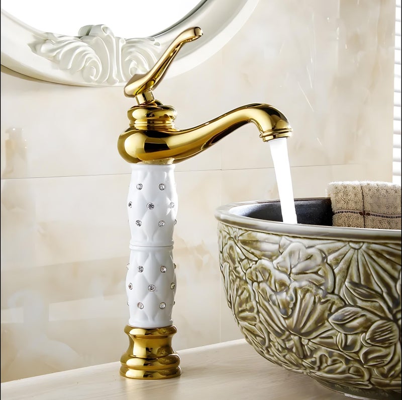 24x7 eMall White Gold Basin Tap Faucet Mixer Hot and Cold ~ 28 Cms Height Table Mounted with 2 Braided Connection Pipes 450mm (Without pop-up) (White Diamond) Brass Material - Image 1