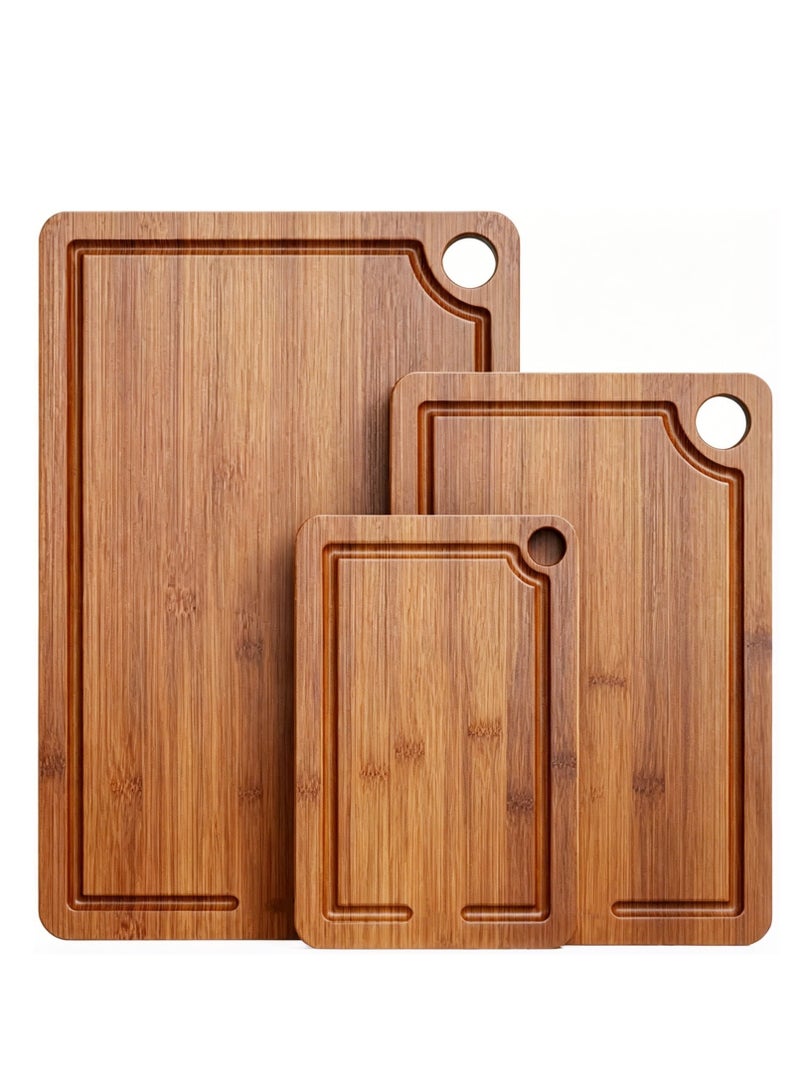 NIUB 3-Piece Bamboo Cutting Board Set, Double Sided Kitchen Chopping Boards with Juice Grooves, Side Handles, Non-Slip Mats & Hanging Hole, Wooden Cutting Board for Charcuterie, Meat, Vegetables, Fruit - Image 1