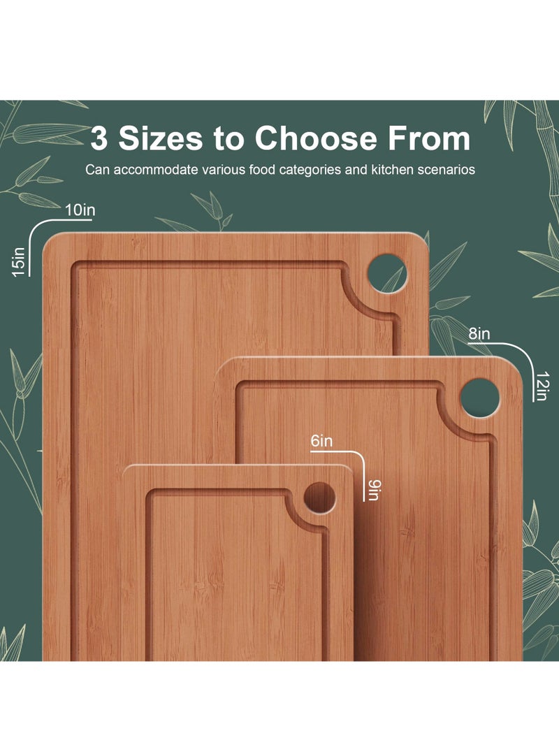 NIUB 3-Piece Bamboo Cutting Board Set, Double Sided Kitchen Chopping Boards with Juice Grooves, Side Handles, Non-Slip Mats & Hanging Hole, Wooden Cutting Board for Charcuterie, Meat, Vegetables, Fruit - Image 2