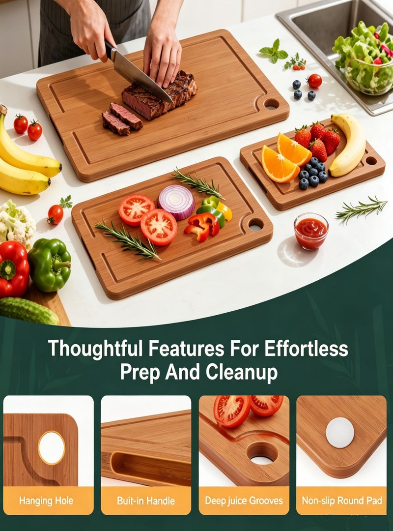 NIUB 3-Piece Bamboo Cutting Board Set, Double Sided Kitchen Chopping Boards with Juice Grooves, Side Handles, Non-Slip Mats & Hanging Hole, Wooden Cutting Board for Charcuterie, Meat, Vegetables, Fruit - Image 3