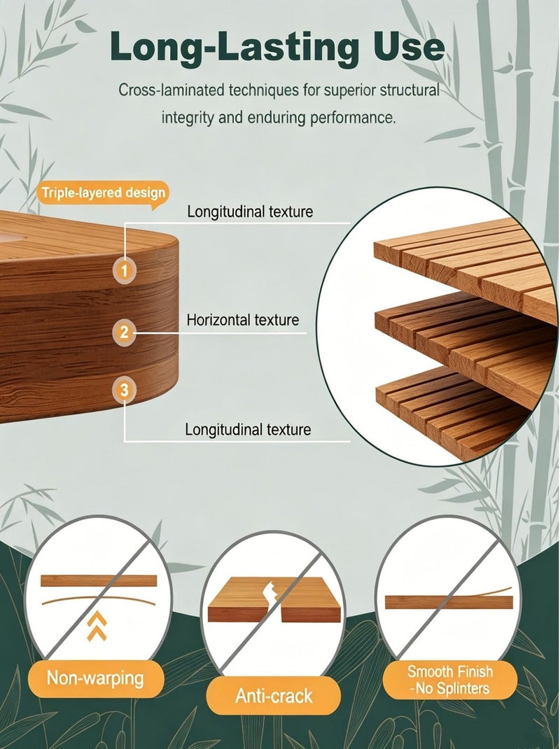 NIUB 3-Piece Bamboo Cutting Board Set, Double Sided Kitchen Chopping Boards with Juice Grooves, Side Handles, Non-Slip Mats & Hanging Hole, Wooden Cutting Board for Charcuterie, Meat, Vegetables, Fruit - Image 5