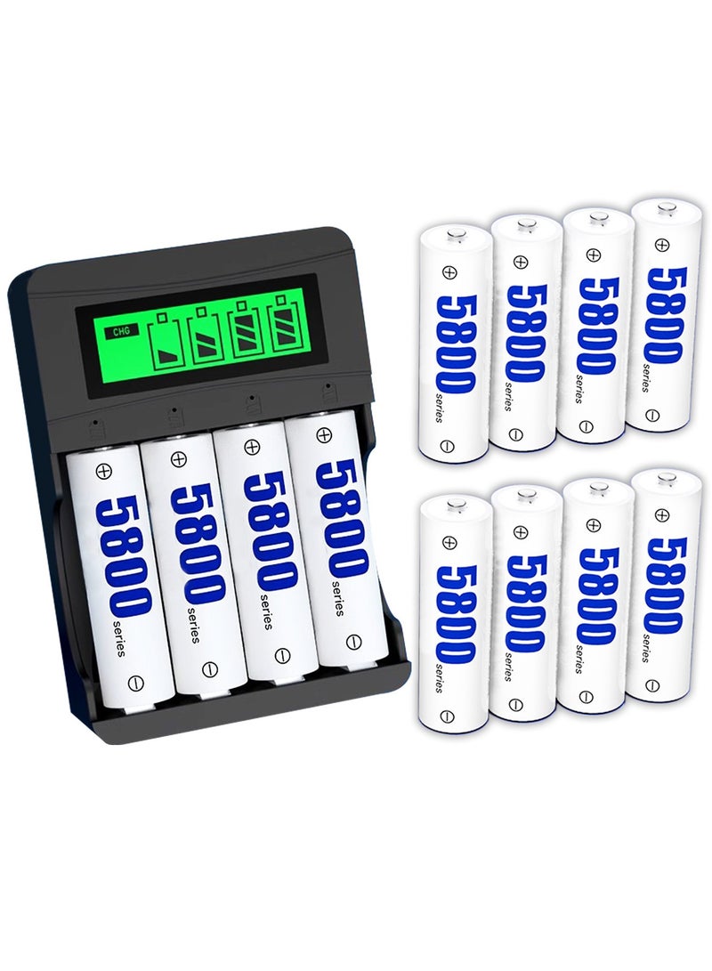 Mijioceon 8 Pack 5800mAh Rechargeable Batteries with LCD Smart Charger | 1200 Cycles High Capacity AA Batteries  - Image 1