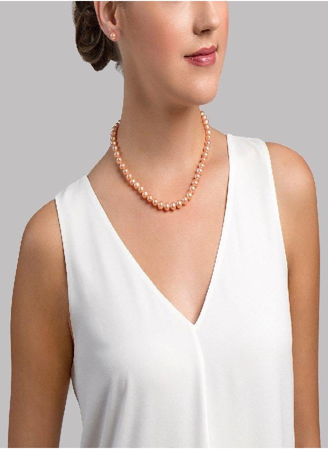 The Pearl Source THE PEARL SOURCE 7-8mm AAA Quality Round Peach Freshwater Cultured Pearl Necklace for Women in 18" Princess Length  - Image 3
