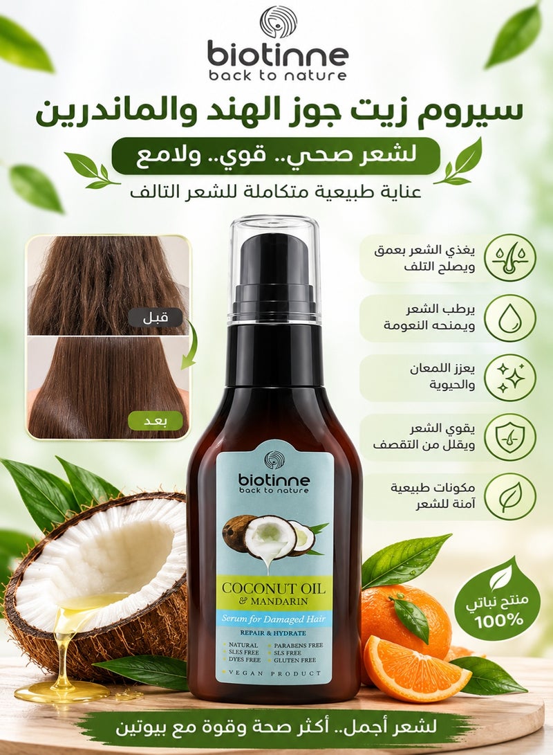 Biotinne Back to Nature Coconut Oil & Mandarin Serum for Damaged, Dry and Brittle Hair, Repair, Hydrate and Smooth, 60 ml - Image 2