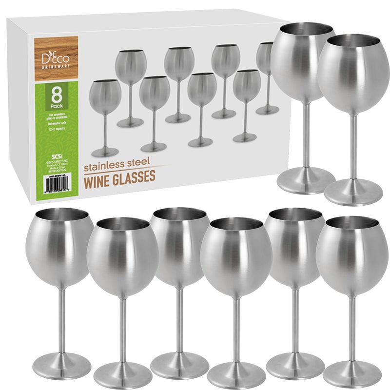 DEco Unbreakable 12 Oz Stainless Steel Wine Glasses 8 Pack Large Stemmed Matte Silver Wine Goblets  Reusable Indoor Outdoor Drinkware  Keeps Wine Chilled for Longer  Wedding  Mothers Day Gift