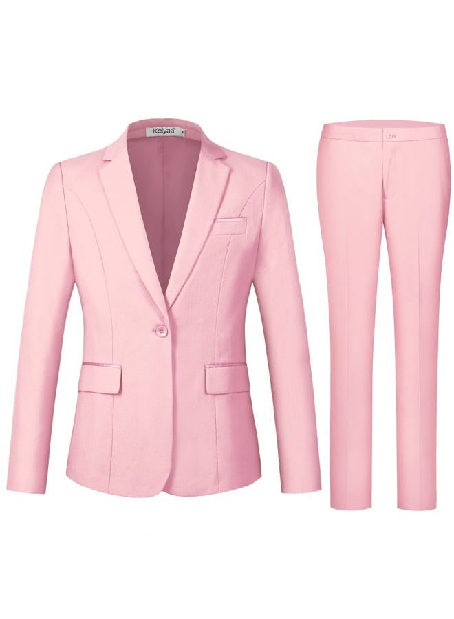 Kelyaa Women's 2 Piece Suit Notched Lapel One Button Slim Fit Business Office Work Tuxedo Blazer Pants Set, Pink, S - Image 3