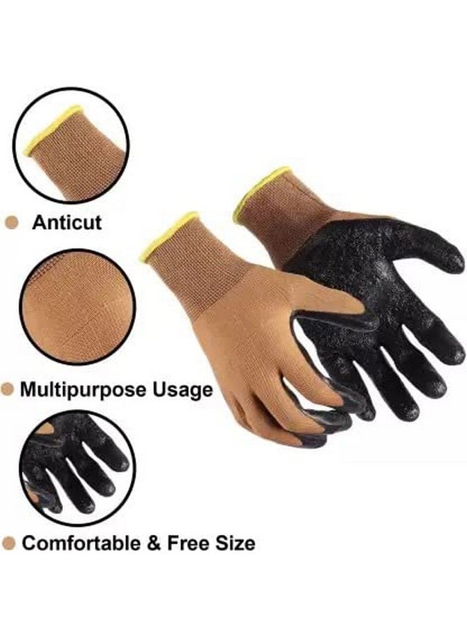 Stylera STYLERA Nylon Knitted Latex Rubber Coated Safety Hand Protection Work Gloves Kitchen Gardening Heavy Duty Reusable Washable Gloves For Men Women (BROWN ON BLACK, PACK OF 5 PAIR) - Image 3