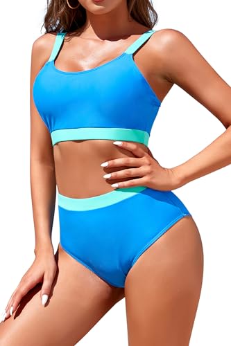 Adisputent Womens High Waisted Bikini Sets Sporty Crop Top Color Block Swimwear Bandeau Scoop Neck Vintage Two Piece Bathing Suits Blue L - Image 2