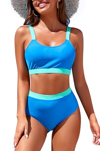 Adisputent Womens High Waisted Bikini Sets Sporty Crop Top Color Block Swimwear Bandeau Scoop Neck Vintage Two Piece Bathing Suits Blue L - Image 4