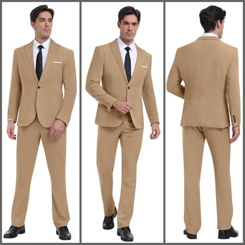 Diaryan Men Suits Linen Formal Tuxedo Regular Fit Blazer 2 Piece Khaki One Button Solid Jacket and Pants for Prom Wedding XS - Image 2