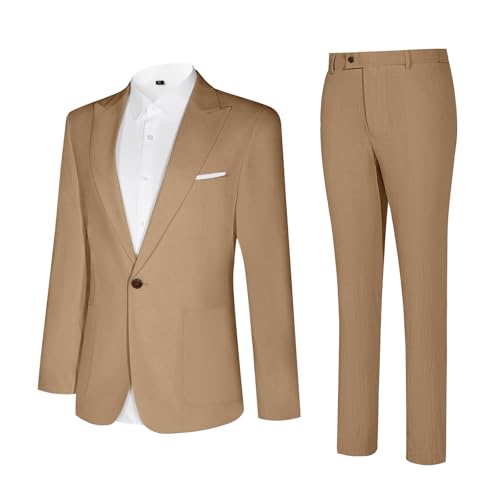 Diaryan Men Suits Linen Formal Tuxedo Regular Fit Blazer 2 Piece Khaki One Button Solid Jacket and Pants for Prom Wedding XS - Image 3