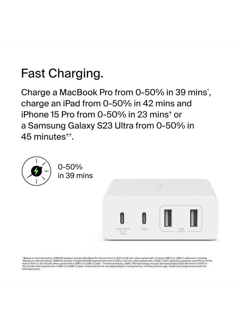 Belkin 108W GaN USB Charging Station for Multiple Devices, 2 USB Type C and 2 USB A Fast Desktop Charger Dock Hub for MacBook, Pro, Air, iPhone, Plus, Pro, Max, iPad, Samsung Galaxy, Pixel and More  - Image 3