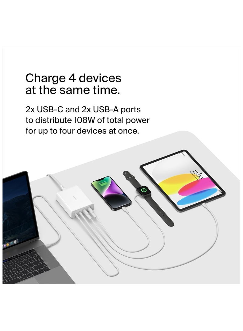 Belkin 108W GaN USB Charging Station for Multiple Devices, 2 USB Type C and 2 USB A Fast Desktop Charger Dock Hub for MacBook, Pro, Air, iPhone, Plus, Pro, Max, iPad, Samsung Galaxy, Pixel and More  - Image 4
