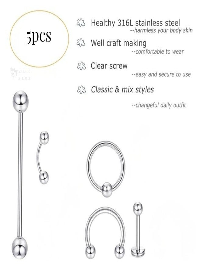 SHIELD PLUS Body Piercing Jewelry Combo Set for Men & Women – Stainless Steel Nose Ring, Septum Ring, Eyebrow Barbell, Lip Stud, Cartilage & Tragus Piercing (5pcs) - Image 4