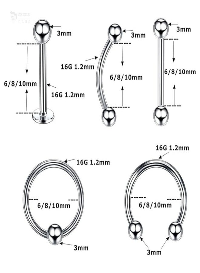 SHIELD PLUS Body Piercing Jewelry Combo Set for Men & Women – Stainless Steel Nose Ring, Septum Ring, Eyebrow Barbell, Lip Stud, Cartilage & Tragus Piercing (5pcs) - Image 2