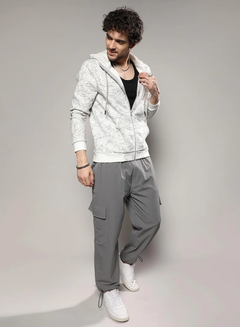 Campus Sutra Men's White & Black Contrast Fluid Zip Front Hoodie