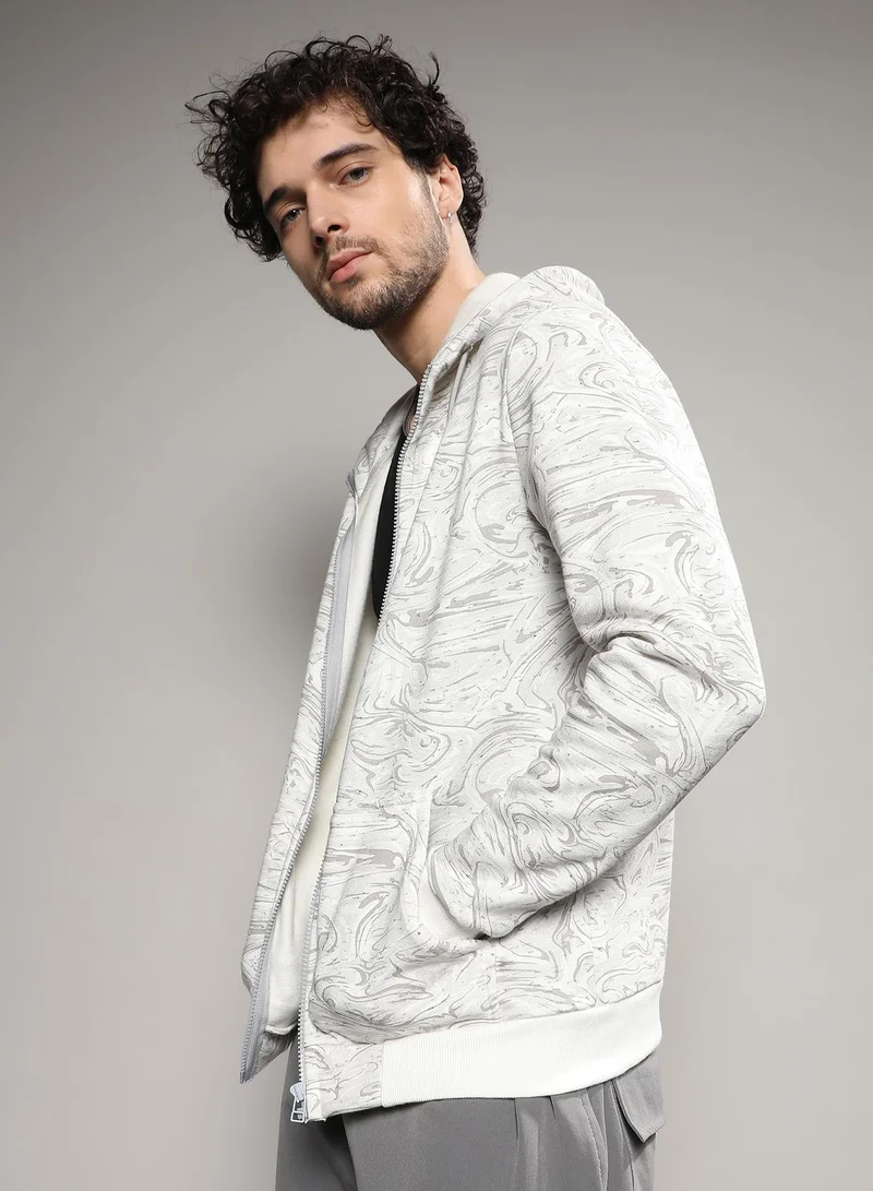 Campus Sutra Men's White & Black Contrast Fluid Zip Front Hoodie