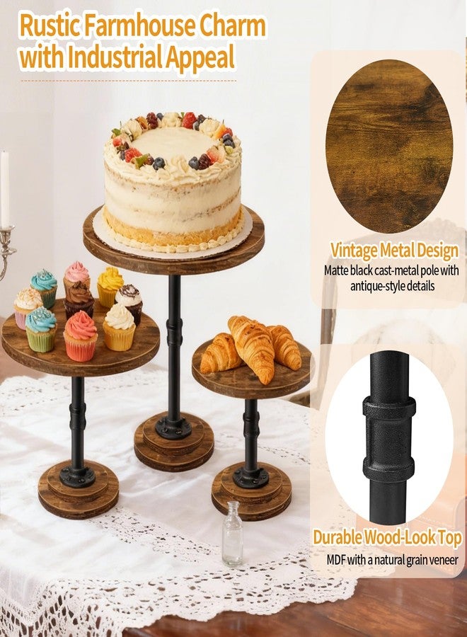 LLAXERGU Cake Stand Rustic Industrial Wood Round Cupcake Stands Cake Stand Set of 3 Dessert Table Display Set Serving Tray Decoration for Birthday Celebration Party Baby Shower - Image 4