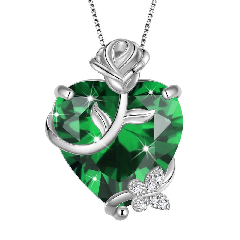Juwaliy 15MM Women Rose Heart Necklace May Birthstone 925 Sterling Silver Flower Butterfly Pendant Green Emerald Jewelry Xmas Birthday Mother's Day Gift - Image 1