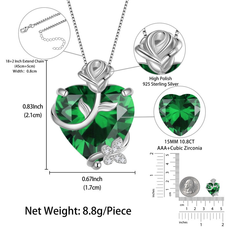 Juwaliy 15MM Women Rose Heart Necklace May Birthstone 925 Sterling Silver Flower Butterfly Pendant Green Emerald Jewelry Xmas Birthday Mother's Day Gift - Image 2