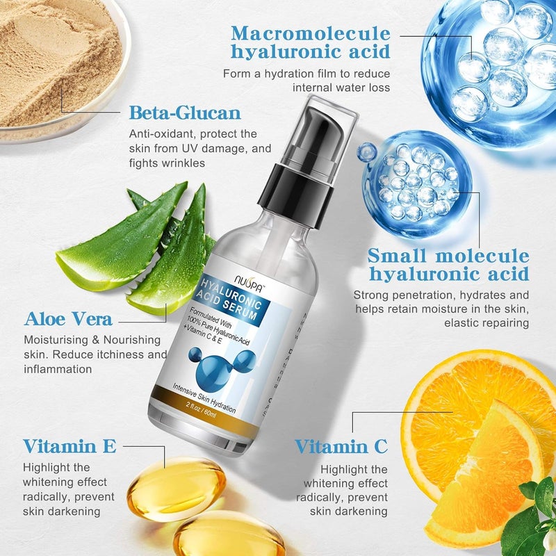 NUSPA 100 Pure Hyaluronic Acid Serum for Face Neck Body with Vitamin C Vitamin E for Skincare Hydrate Moisturizer Plump Skin Reduce Wrinkles Anti Aging Serum 2 Oz - Image 3