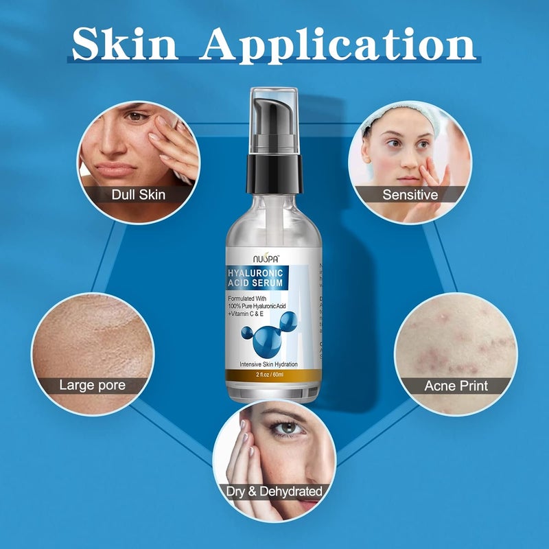 NUSPA 100 Pure Hyaluronic Acid Serum for Face Neck Body with Vitamin C Vitamin E for Skincare Hydrate Moisturizer Plump Skin Reduce Wrinkles Anti Aging Serum 2 Oz - Image 5
