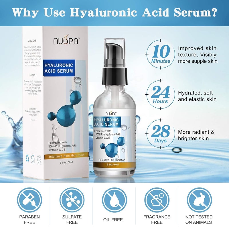 NUSPA 100 Pure Hyaluronic Acid Serum for Face Neck Body with Vitamin C Vitamin E for Skincare Hydrate Moisturizer Plump Skin Reduce Wrinkles Anti Aging Serum 2 Oz - Image 2