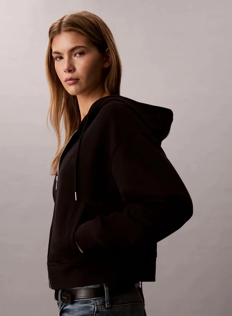 Calvin Klein Black Cropped Monogram Zip-Up Hoodie for Women | Best Price UAE