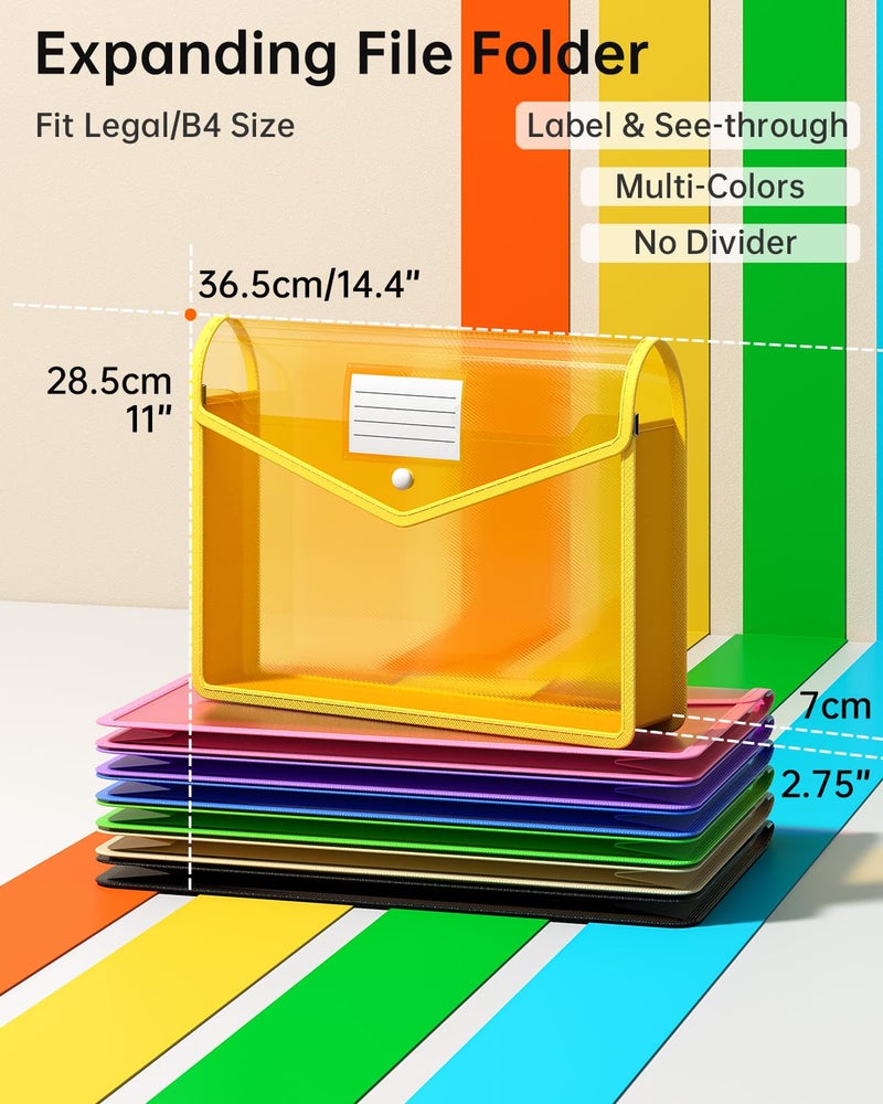 XingDuing 7 Pack Plastic Expanding File Folder, Transparent envelopes with Snap Closure, No Dividers, Large Capacity, Fit Legal/B4 Size for School, Office, Home, Hospital, 7 Colors - Image 2