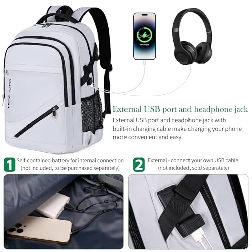 FENGDONG Durable Waterproof Travel Laptop Backpack 17.3 inch,Large College Backpack Bookbag for Men & Women Business Backpack with USB Charging Port and Headset Port Silver Black - Image 2
