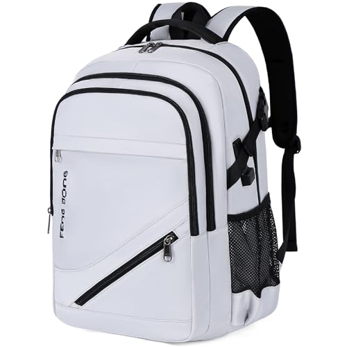 FENGDONG Durable Waterproof Travel Laptop Backpack 17.3 inch,Large College Backpack Bookbag for Men & Women Business Backpack with USB Charging Port and Headset Port Silver Black - Image 1