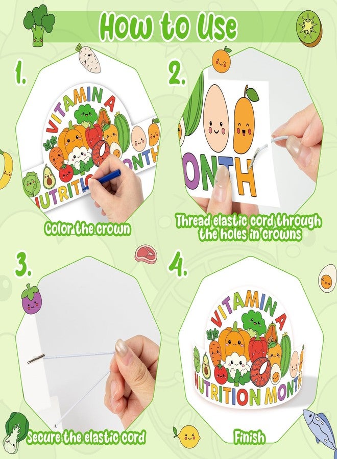 BkeeCten National Nutrition Month Crowns - 48 Set Premium Cardstock Coloring Crowns with Adjustable Elastic Bands Healthy Fruits Veggies Theme for DIY Color Your Own Crown Crafts Educational Events - Image 3