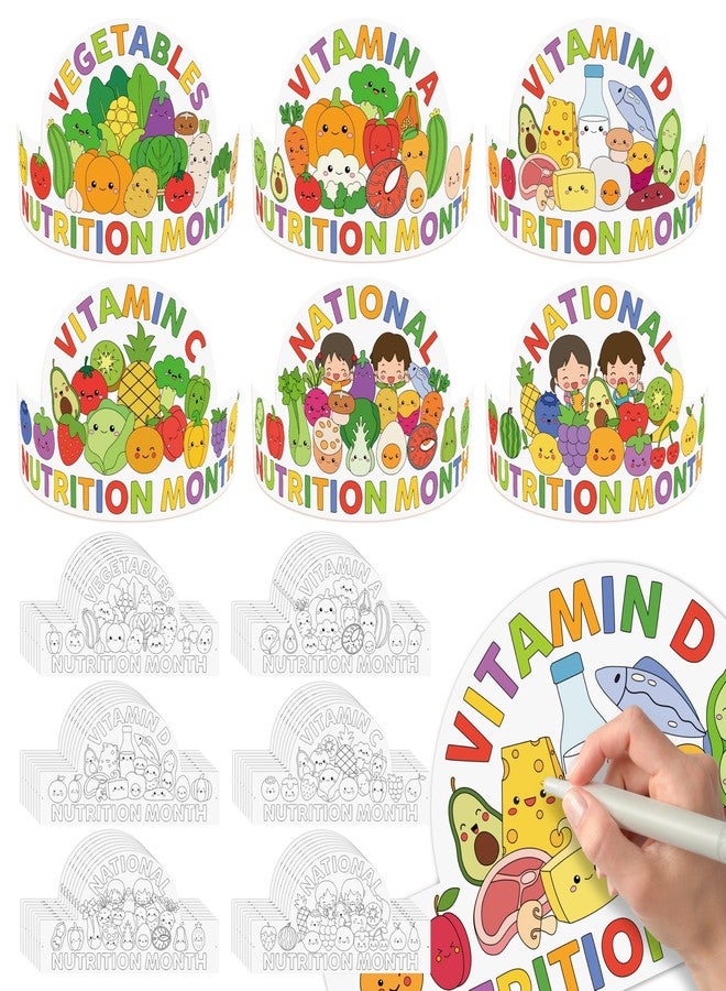 BkeeCten National Nutrition Month Crowns - 48 Set Premium Cardstock Coloring Crowns with Adjustable Elastic Bands Healthy Fruits Veggies Theme for DIY Color Your Own Crown Crafts Educational Events - Image 1