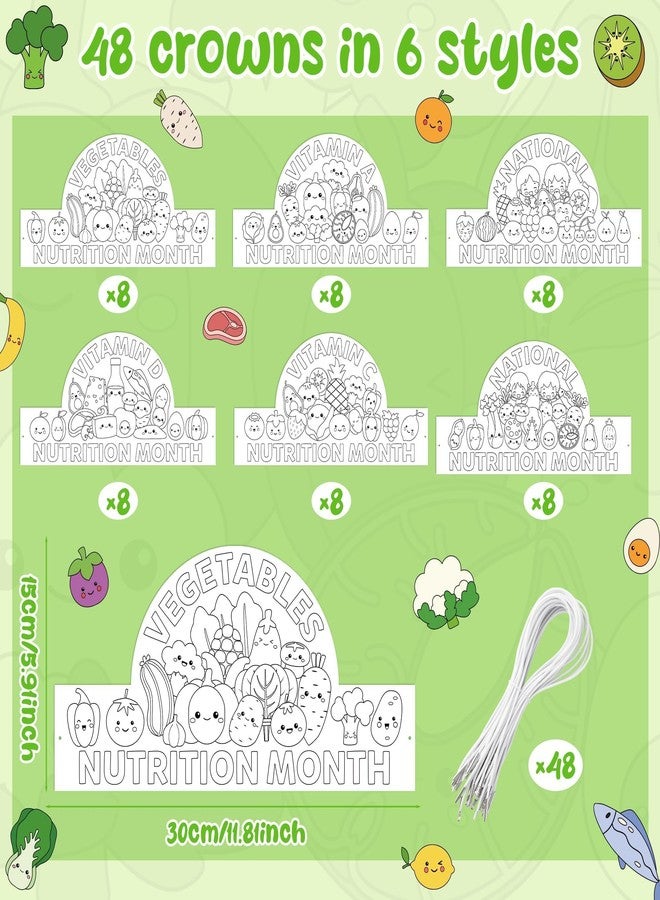BkeeCten National Nutrition Month Crowns - 48 Set Premium Cardstock Coloring Crowns with Adjustable Elastic Bands Healthy Fruits Veggies Theme for DIY Color Your Own Crown Crafts Educational Events - Image 2