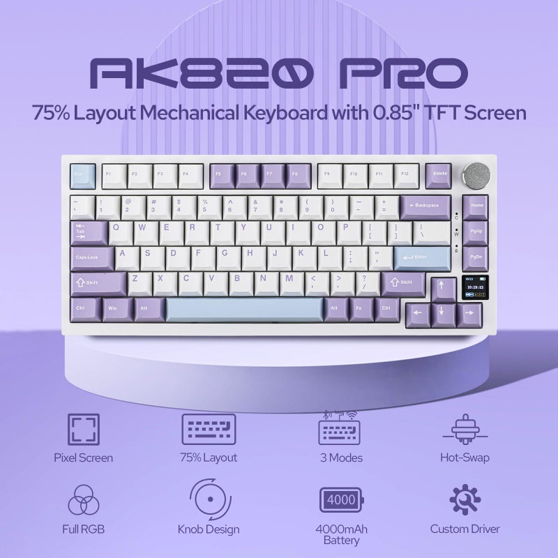 EPOMAKER Ajazz AK820 Pro 75% Gasket-mounted Mechanical Keyboard with TFT Screen, 3 Modes(Bluetooth 5.1/2.4G Wireless & Type-C Wired), Sound Dampening Foams (White Purple, Ajazz Flying Fish Switch) - Image 2