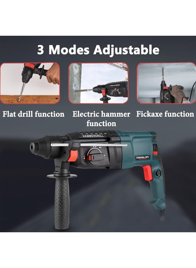 MIRALON Rotary Hammer Drill 800W 26mm SDS Plus, 3 Mode Function (Drilling, Hammering, Hammer Drilling), 220–240V Electric Power Tool, Variable Speed, Forward/Reverse Control, Depth Rod, Lock-On Button, Professional Concrete & Wall Drilling Machine - MIR-26M - Image 4