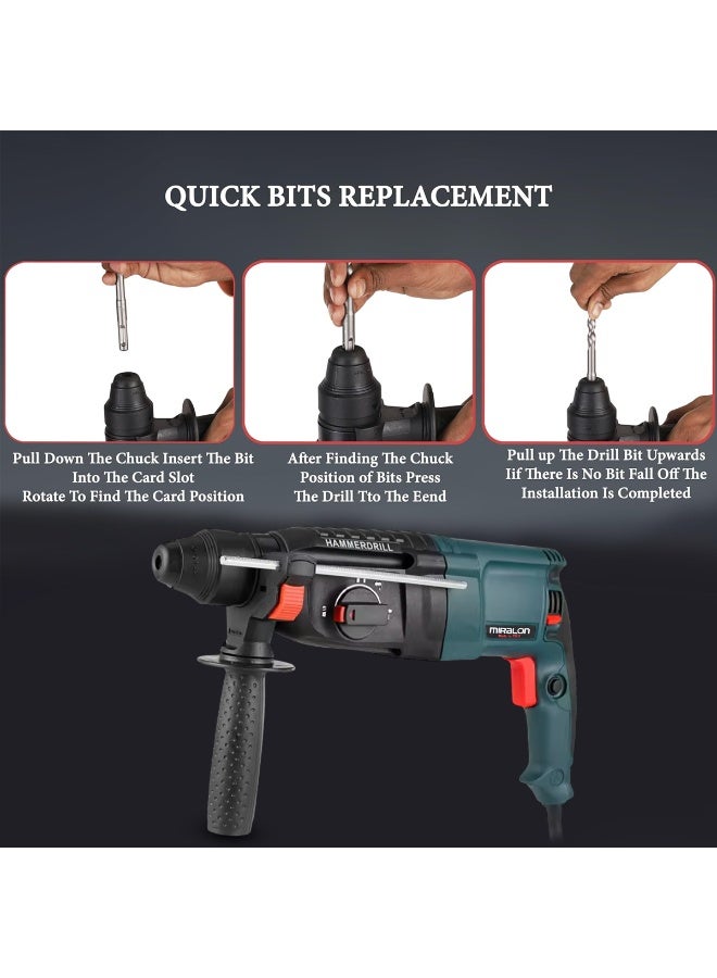 MIRALON Rotary Hammer Drill 800W 26mm SDS Plus, 3 Mode Function (Drilling, Hammering, Hammer Drilling), 220–240V Electric Power Tool, Variable Speed, Forward/Reverse Control, Depth Rod, Lock-On Button, Professional Concrete & Wall Drilling Machine - MIR-26M - Image 5