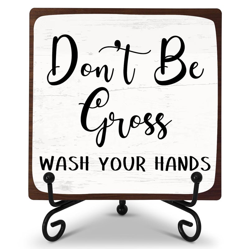 KFNER Bathroom Desk Decor Sign, Don't Be Gross Wash Your Hands, Rustic Wooden Plaque Sign With Iron Stand, Farmhouse Home Office Restroom Desk Shelf Decorations -14 - Image 1
