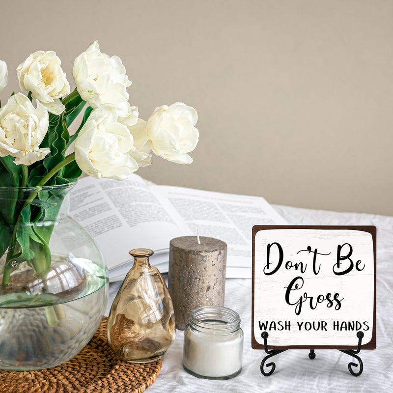 KFNER Bathroom Desk Decor Sign, Don't Be Gross Wash Your Hands, Rustic Wooden Plaque Sign With Iron Stand, Farmhouse Home Office Restroom Desk Shelf Decorations -14 - Image 4