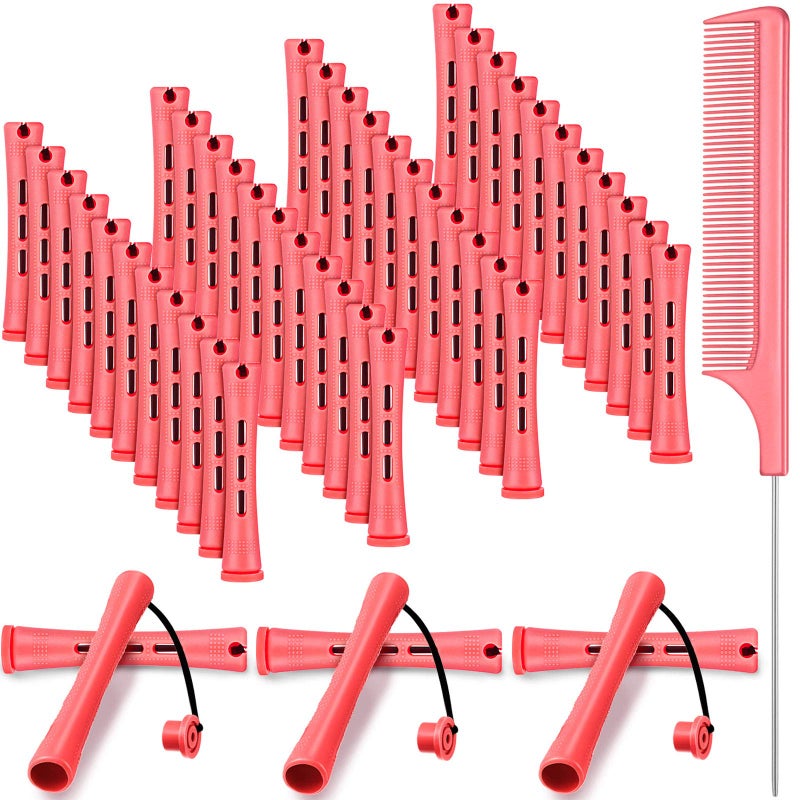 48 Pieces Hair Perm Rods Short Cold Wave Rods Plastic Perming Irons Hair Curling Rollers Curlers with Steel Pintail Comb Rat Tail Comb for Hairdressing Styling Supplies051 InchPink