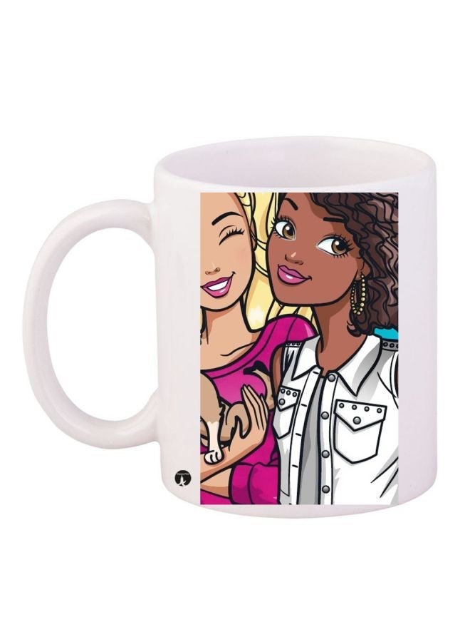 RYN Cartoon Girls Printed Coffee Mug White/Brown/Pink 11ounce