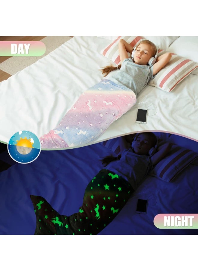 CMGTYYD 100x50cm Kids Mermaid Tail Blanket Luminous Mermaid Blanket Colorful Ombre Snuggle Blankets Flannel Soft Sofa Blankets Mermaid Sleeping Bag with Double Stitching for Girls 3 to 6 Years (pink purple) - Image 2