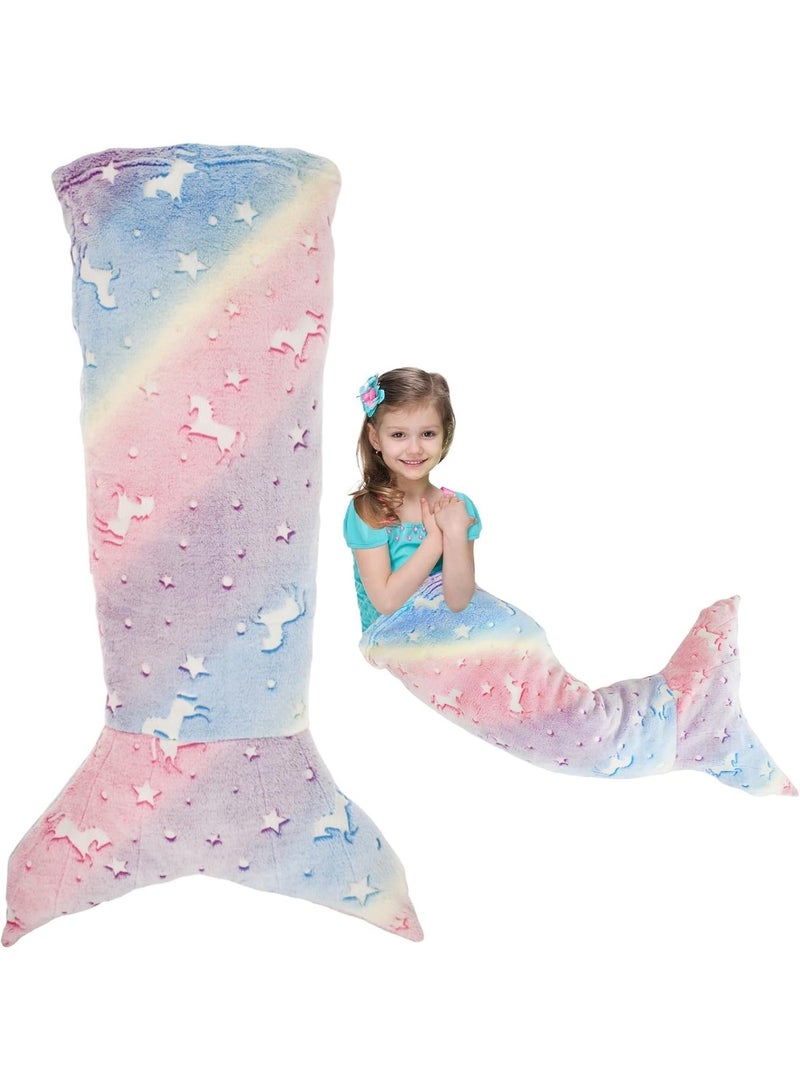CMGTYYD 100x50cm Kids Mermaid Tail Blanket Luminous Mermaid Blanket Colorful Ombre Snuggle Blankets Flannel Soft Sofa Blankets Mermaid Sleeping Bag with Double Stitching for Girls 3 to 6 Years (pink purple) - Image 1