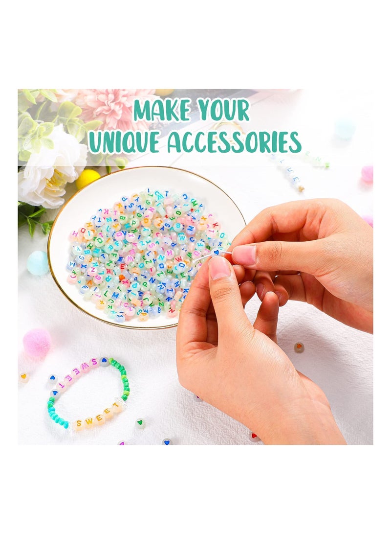 NIBEMINENT 100 PCS Luminous Alphabet Letter Beads, KASTWAVE Acrylic Heart Beads Flat Glow in the Dark Number Colorful DIY Star Print for Bracelets Necklace Jewelry Making Supplies (Random English) - Image 2