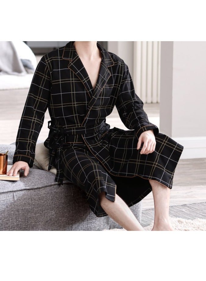 عام طقم بيجامة حرارية رجالي رداء بسيط رداء طويل بيجامة قطنية رجالية ملابس نوم ملابس ناعمة وفضفاضة ملابس كاجوال صديقة للبشرة لفصلي الخريف والشتاء أسود - Image 5