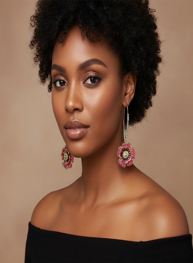 ZEshops Rose Dangle Earrings with Mixed Stone Accents, Gold-Tone Metal Trendy and Unique Women's Fashion Earrings - Image 4