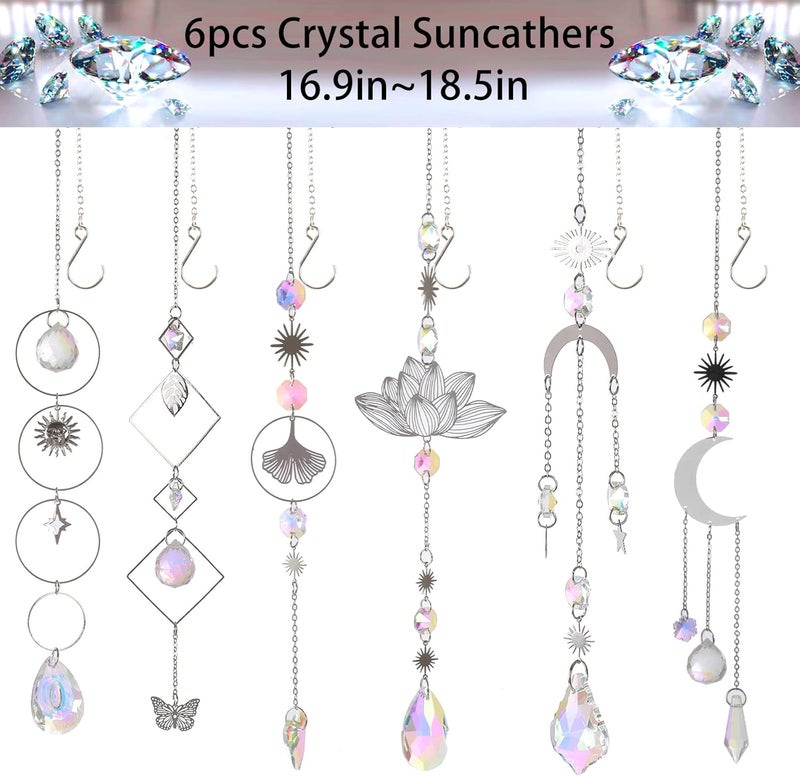 Worgree Sun Catchers, 6 pieces Colorful Crystal Suncatchers Decorative Hanging Clear Crystal Prism Rainbow with Silver Moon Sun Metal Forms Suncatcher Kit for Window Indoor Outdoor Car Mirror Decor Xmas Gift - Image 2