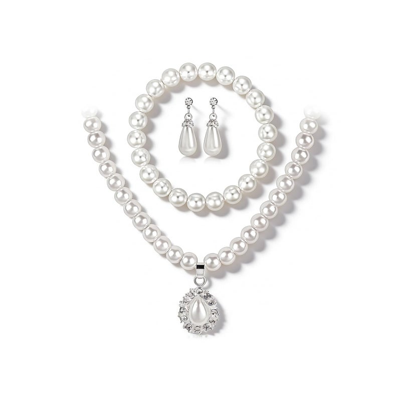 CSIYANJRY99 Pearl Necklace and Earring Set Faux Pearl Jewelry Sets for Women Imitation Beaded Pearl Necklace Bracelet Stud Earrings for Women (B) - Image 1